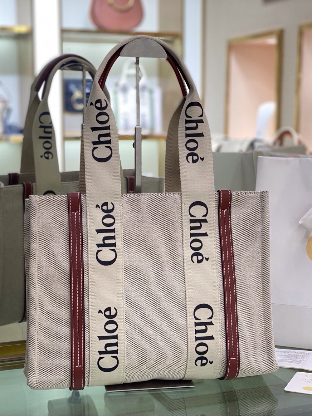 Chloe Canvas Tote in Beige with Burgundy Trim